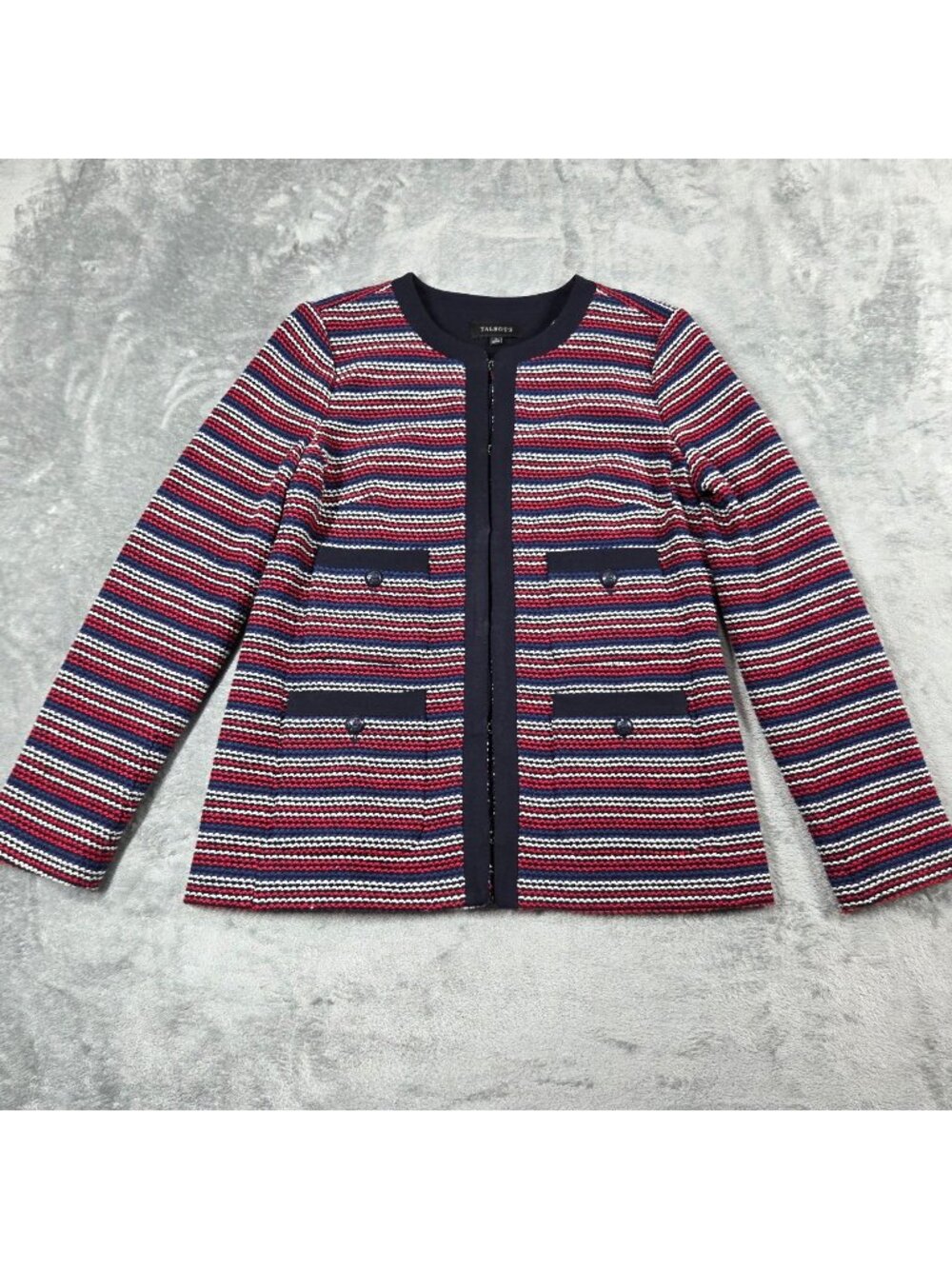 Talbots Blazer Small Navy Red White Boucle Stripe Nautical Preppy Office Jacket